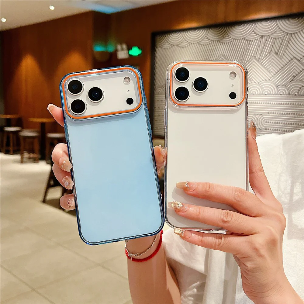 For iPhone 17 Pro Max Case TPU + PC Shockproof Phone Back Cover with Orange Camera Edge - Transparent Black - Image 4