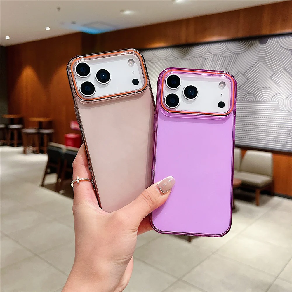 For iPhone 17 Pro Max Case TPU + PC Shockproof Phone Back Cover with Orange Camera Edge - Transparent Pink - Image 2