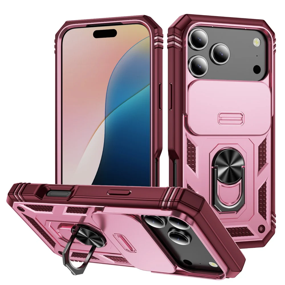 For iPhone 17 Pro Max Case TPU + PC Slide Camshield Kickstand Phone Cover - Dark Red