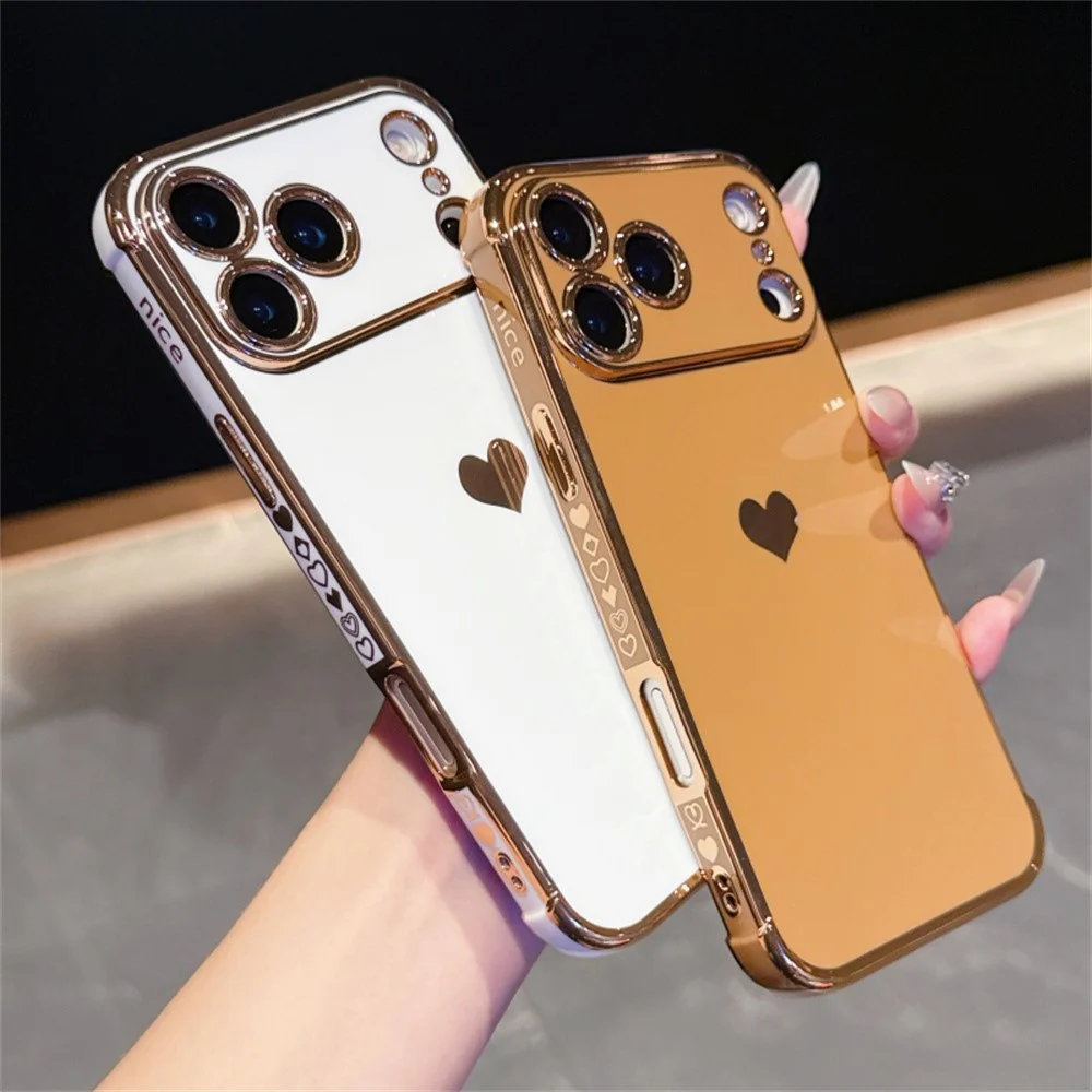 For iPhone 17 Pro Max Case TPU Phone Back Cover Electroplating Heart Pattern - Brown - Image 4
