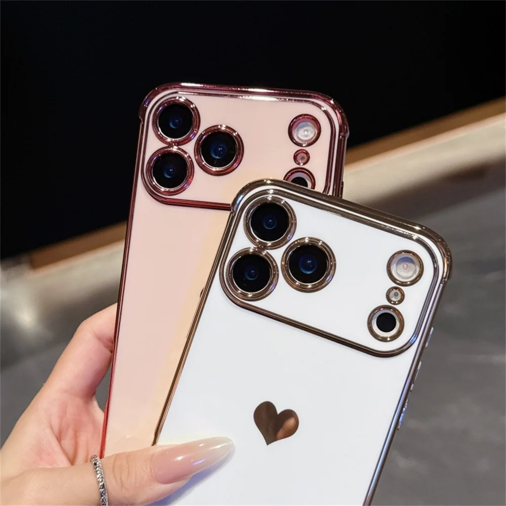 For iPhone 17 Pro Max Case TPU Phone Back Cover Electroplating Heart Pattern - Desert Gold - Image 4