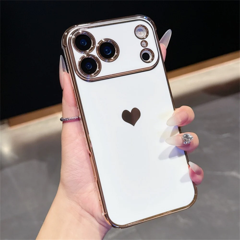For iPhone 17 Pro Max Case TPU Phone Back Cover Electroplating Heart Pattern - Ivory White - Image 2
