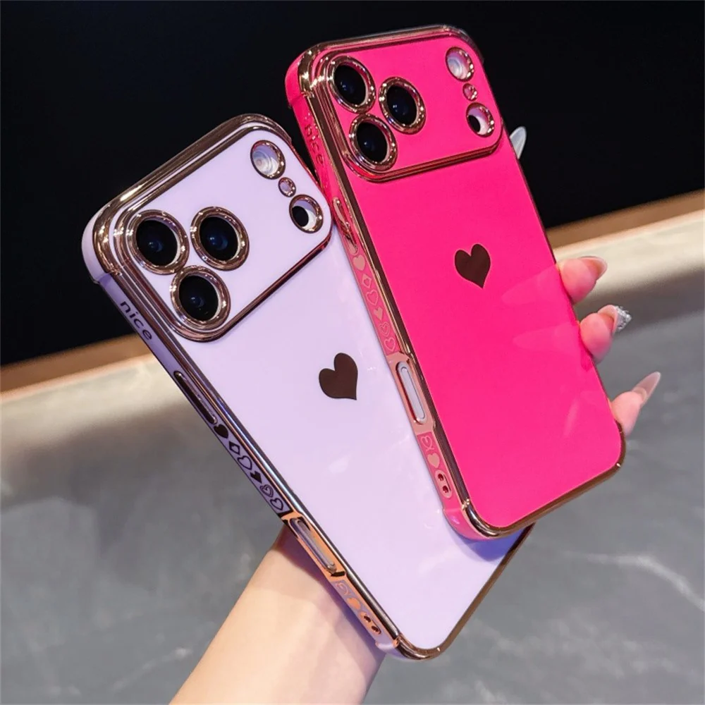 For iPhone 17 Pro Max Case TPU Phone Back Cover Electroplating Heart Pattern - Rose - Image 4
