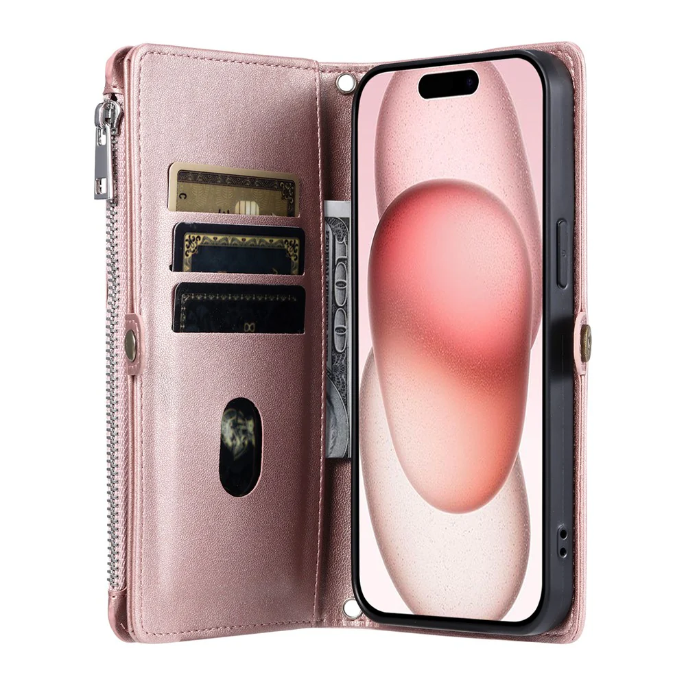 For iPhone 17 Pro Max Case TPU + PU Leather Wallet Phone Cover with Wrist Strap - Rose Gold - Image 2
