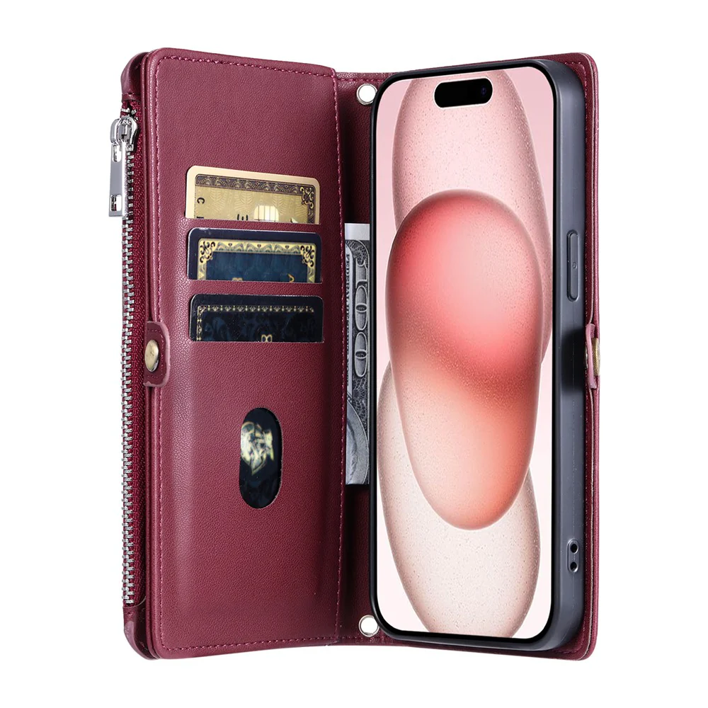 For iPhone 17 Pro Max Case TPU + PU Leather Wallet Phone Cover with Wrist Strap - Wine Red - Image 2