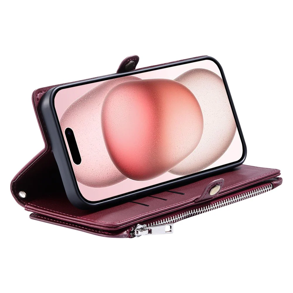 For iPhone 17 Pro Max Case TPU + PU Leather Wallet Phone Cover with Wrist Strap - Wine Red - Image 3
