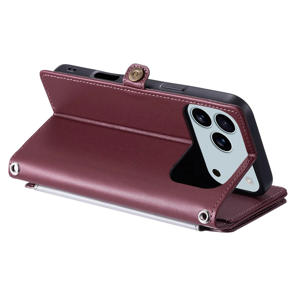 For iPhone 17 Pro Max Case TPU + PU Leather Wallet Phone Cover with Wrist Strap - Wine Red - Image 4