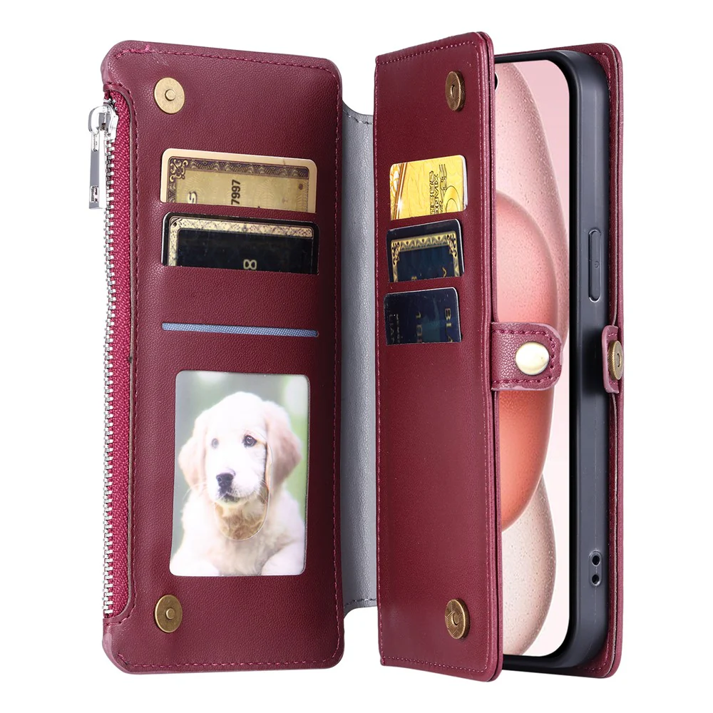 For iPhone 17 Pro Max Case TPU + PU Leather Wallet Phone Cover with Wrist Strap - Wine Red - Image 6