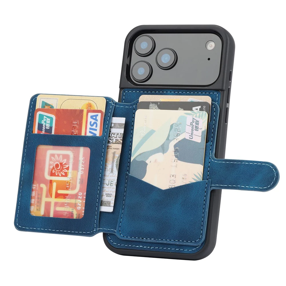 For iPhone 17 Pro Max Case Wallet Card Slot TPU + PU Leather Back Phone Cover - Blue - Image 4