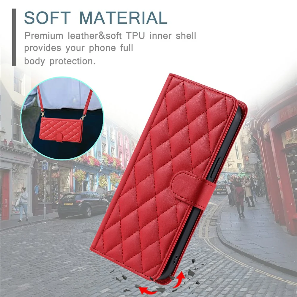 For iPhone 17 Pro Max Case Wallet Rhombus Grid PU Leather Phone Cover - Red - Image 7