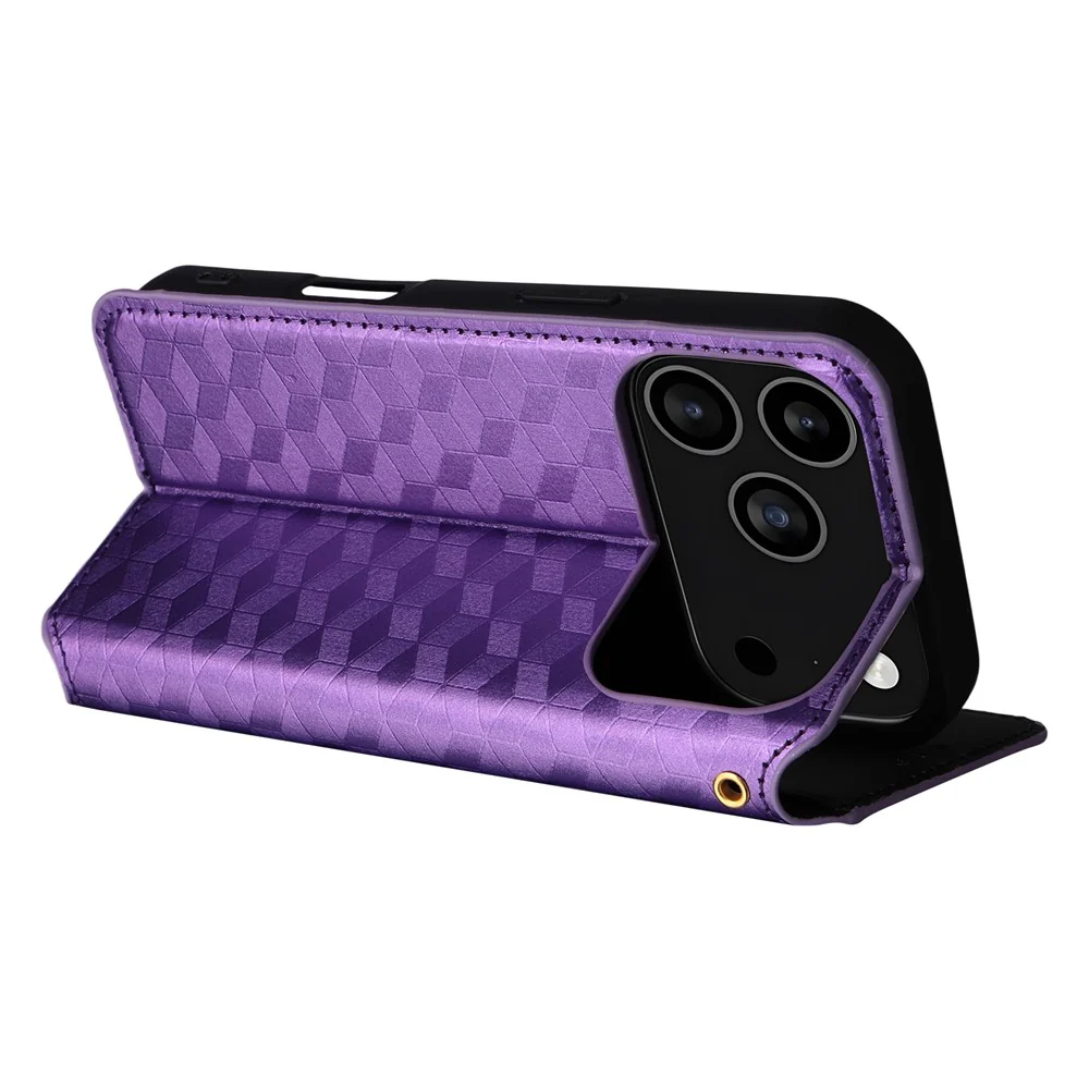 For iPhone 17 Pro Max Case Wallet Rhombus Imprinted Leather Phone Cover - Purple - Image 5