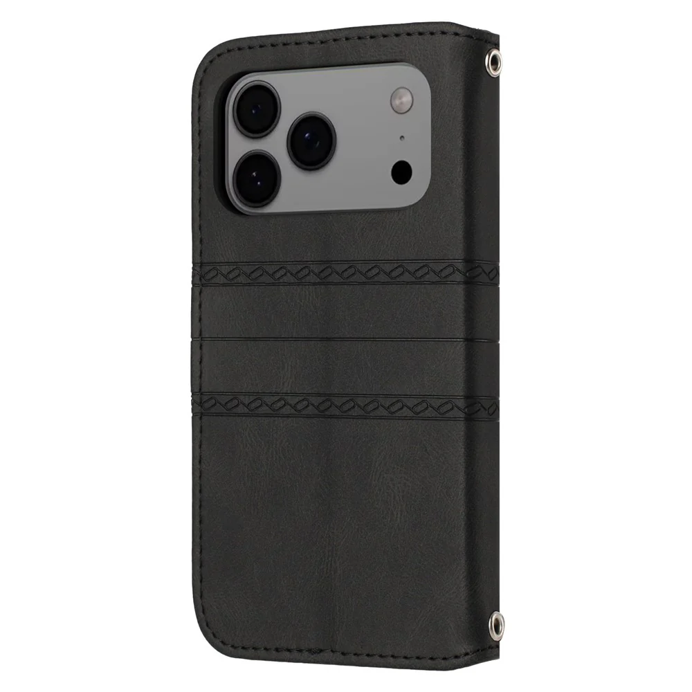 For iPhone 17 Pro Max Case Wallet Skin-Touch Leather Imprinted Phone Cover with Wrist Strap - Black - Image 8