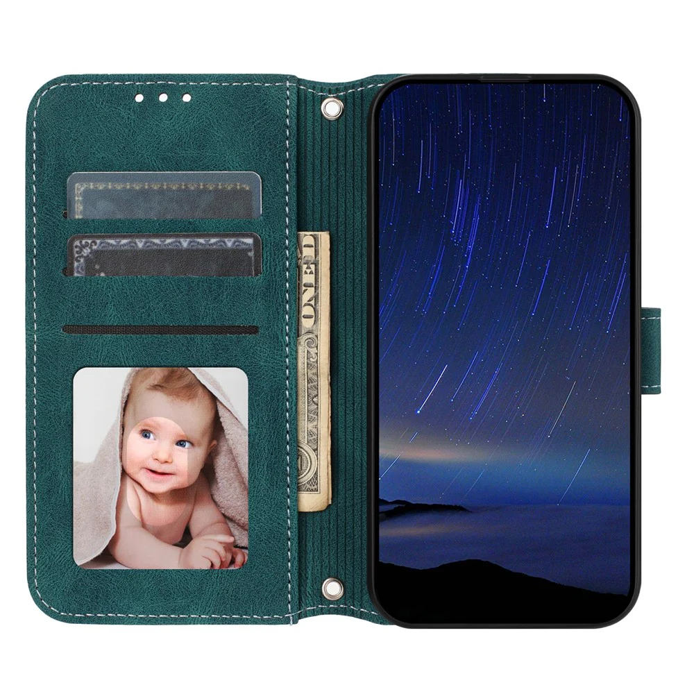 For iPhone 17 Pro Max Case Wallet Skin-Touch Leather Imprinted Phone Cover with Wrist Strap - Blackish Green - Image 2