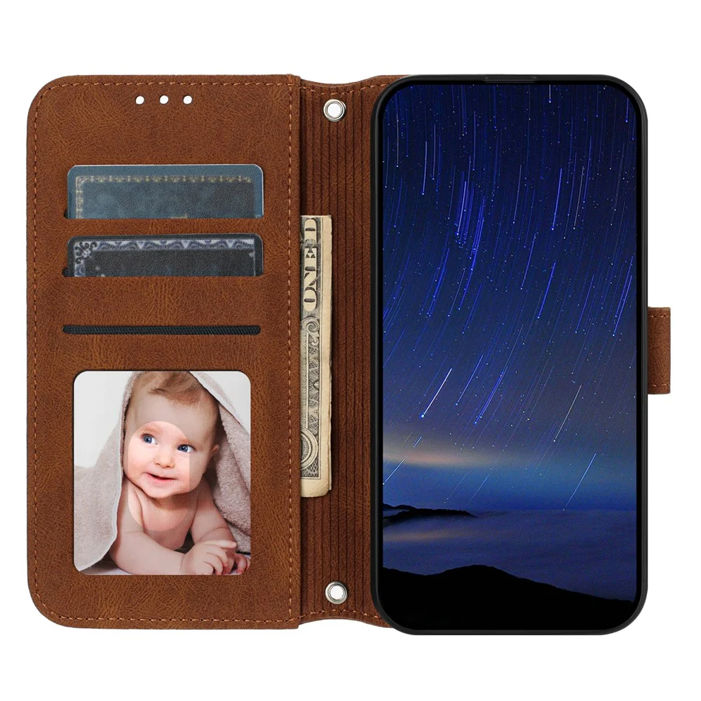 For iPhone 17 Pro Max Case Wallet Skin-Touch Leather Imprinted Phone Cover with Wrist Strap - Brown - Image 2
