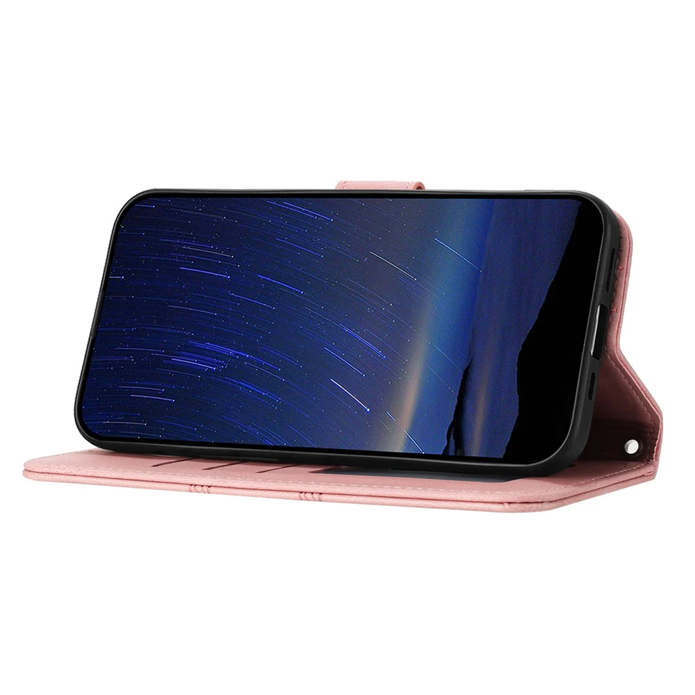For iPhone 17 Pro Max Case Wallet Skin-Touch Leather Imprinted Phone Cover with Wrist Strap - Pink - Image 4