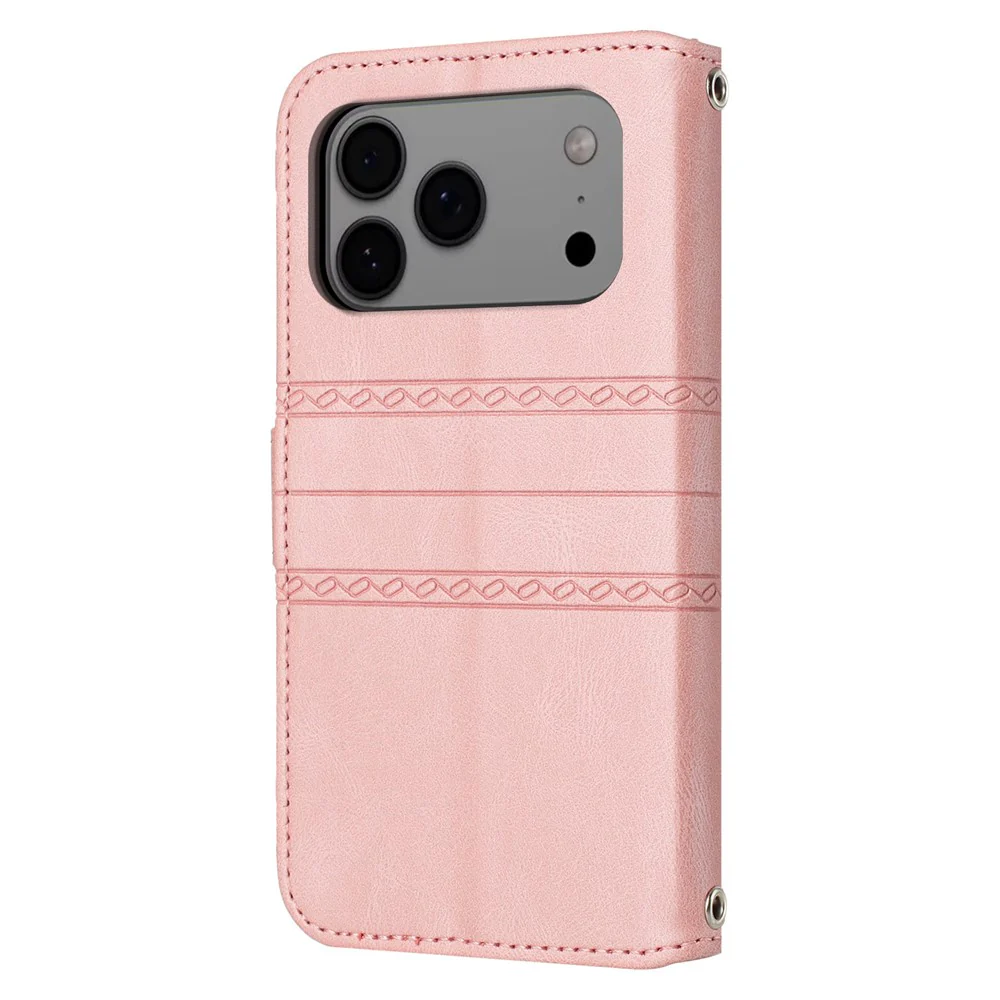 For iPhone 17 Pro Max Case Wallet Skin-Touch Leather Imprinted Phone Cover with Wrist Strap - Pink - Image 8