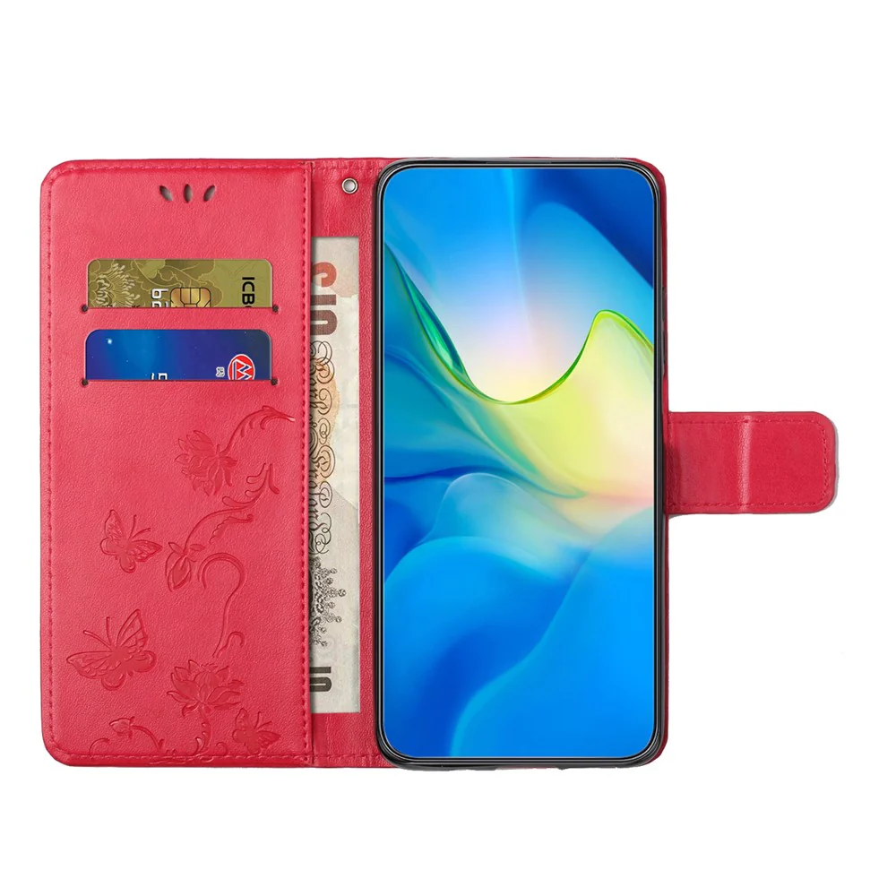 For iPhone 17 Pro Max Case Wallet Stand Imprinted Butterfly Flower PU Leather Phone Cover - Red - Image 3