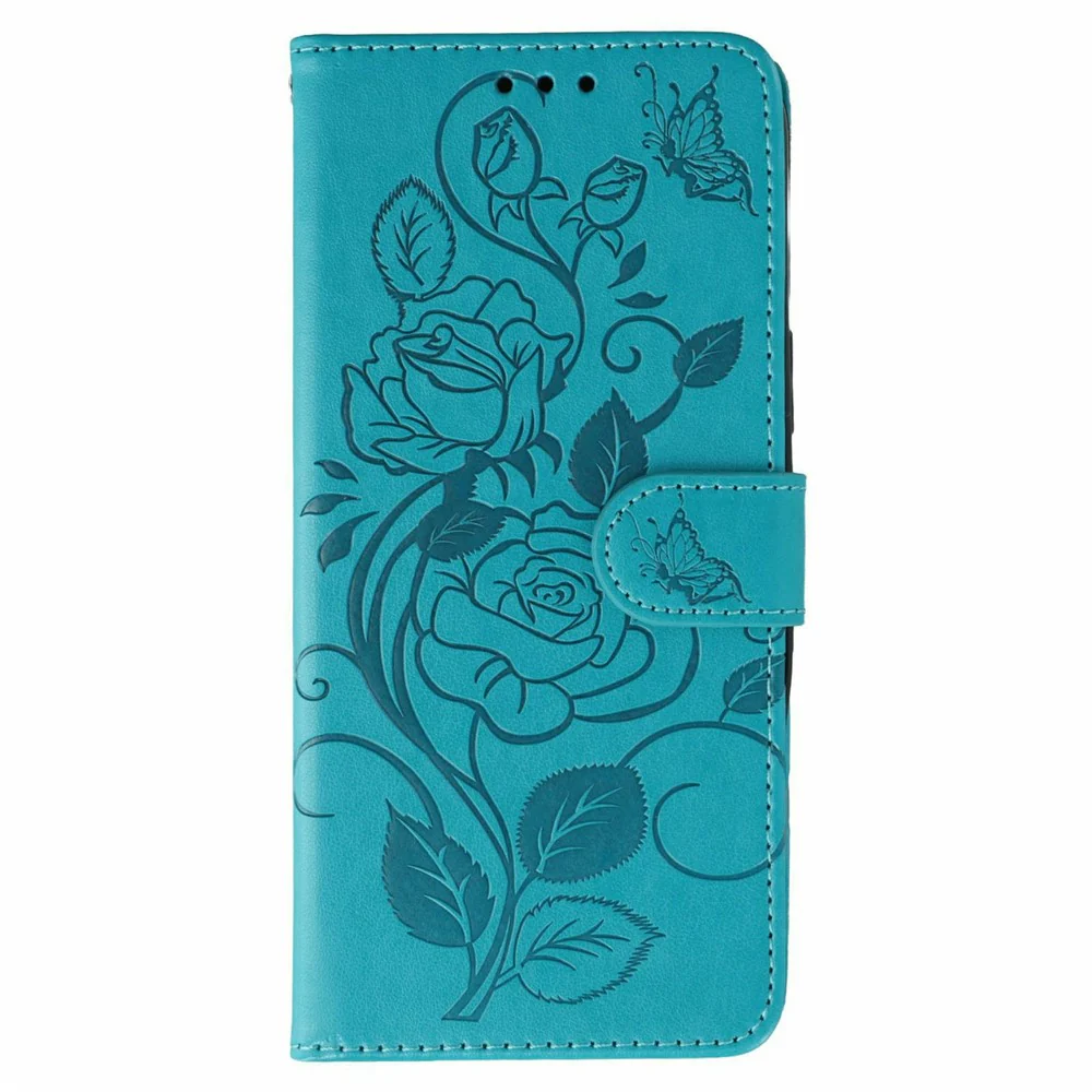 For iPhone 17 Pro Max Case Wallet Stand Imprinted Rose Butterfly PU Leather Phone Cover - Blue - Image 4