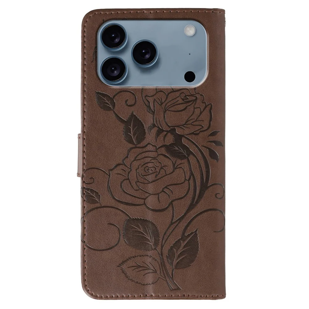 For iPhone 17 Pro Max Case Wallet Stand Imprinted Rose Butterfly PU Leather Phone Cover - Brown - Image 5