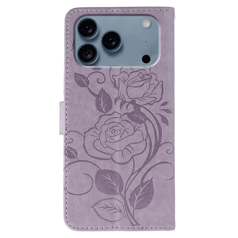 For iPhone 17 Pro Max Case Wallet Stand Imprinted Rose Butterfly PU Leather Phone Cover - Purple - Image 5