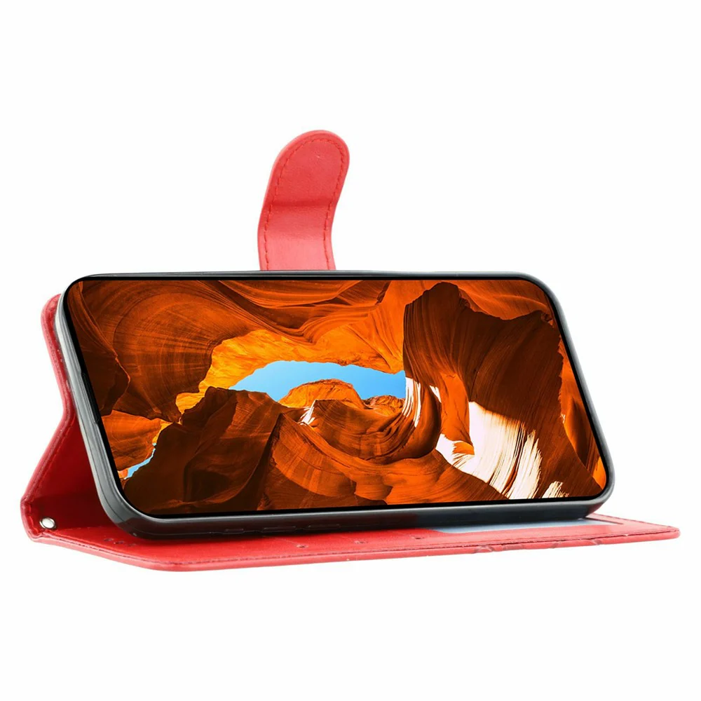 For iPhone 17 Pro Max Case Wallet Stand Imprinted Rose Butterfly PU Leather Phone Cover - Red - Image 3
