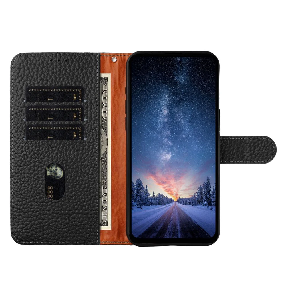 For iPhone 17 Pro Max Case Wallet Stand Litchi Texture Genuine Cow Leather Flip Phone Cover - Black - Image 3