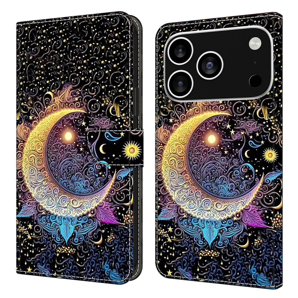 For iPhone 17 Pro Max Case Wallet Stand Pattern Printing PU Leather Flip Phone Cover - Bright Moon