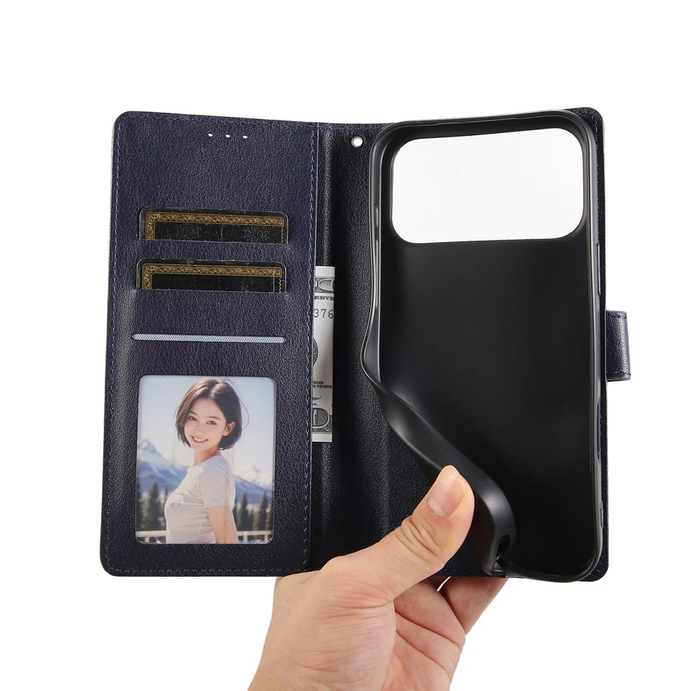 For iPhone 17 Pro Max Case Wallet Stand View PU Leather Phone Cover with Wrist Strap - Blue - Image 5