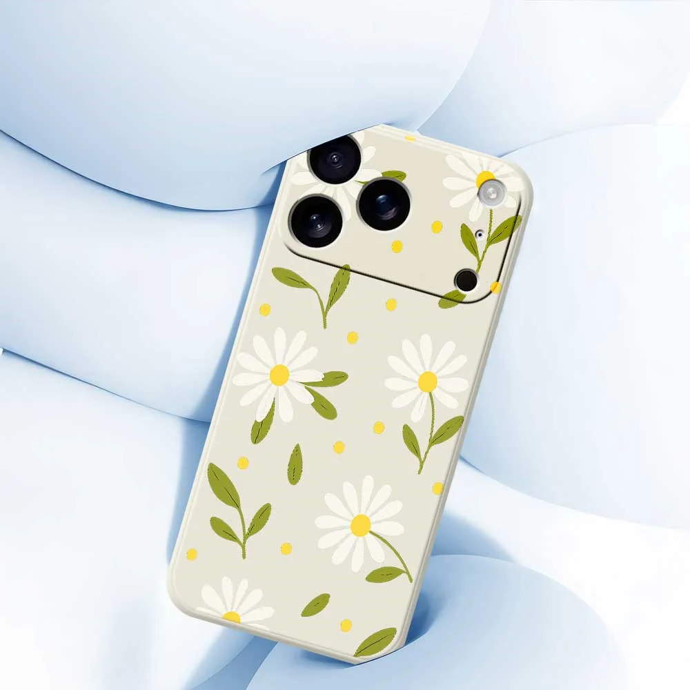 For iPhone 17 Pro Max Case White Flowers Green Leaves Pattern Printing Straight Edge TPU Phone Back Cover - Black - Image 5