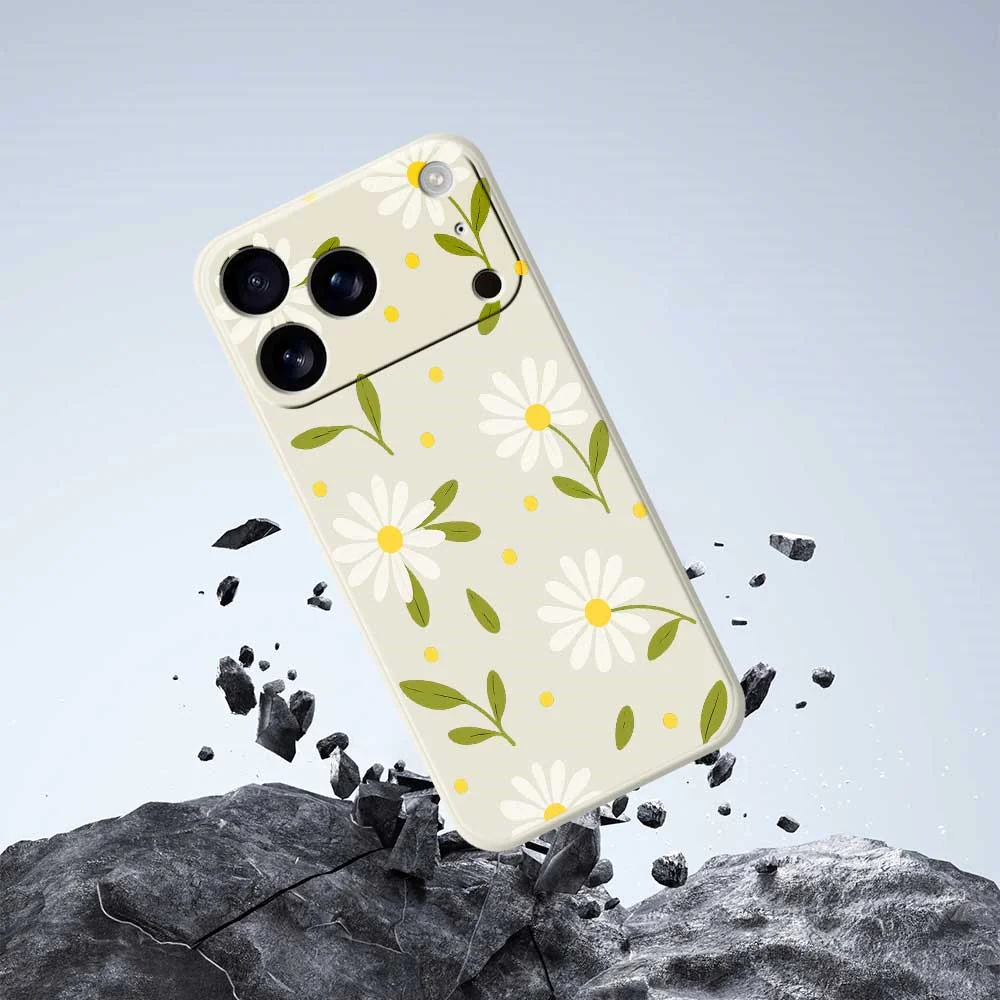 For iPhone 17 Pro Max Case White Flowers Green Leaves Pattern Printing Straight Edge TPU Phone Back Cover - Black - Image 7