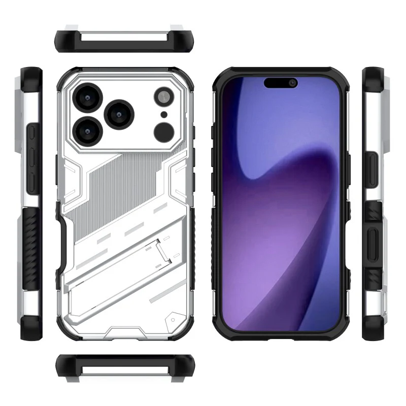 For iPhone 17 Pro Max Case with 2Pcs Tempered Glass WANLONFENG KK Series PC TPU Phone Cover Kickstand Precise Cutouts - Silver - Image 3