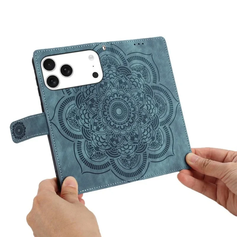 For iPhone 17 Pro Max Case with 2Pcs Tempered Glass WANLONFENG MTL Series Mandala Leather Phone Cover - Blue - Image 5