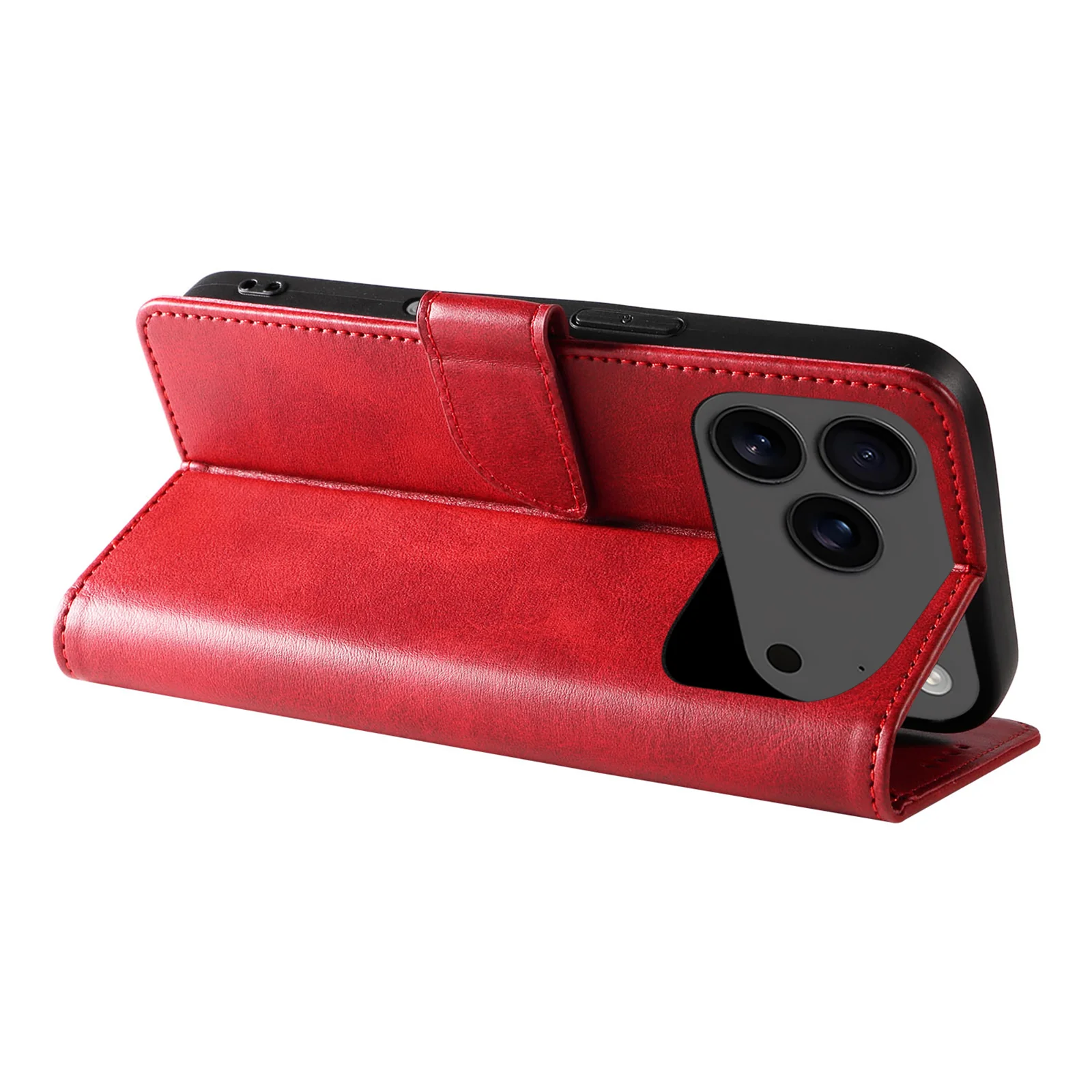 For iPhone 17 Pro Max Case with 2Pcs Tempered Glass WANLONFENG WN Series Calf Texture Leather Phone Cover Big Cutouts - Red - Image 3