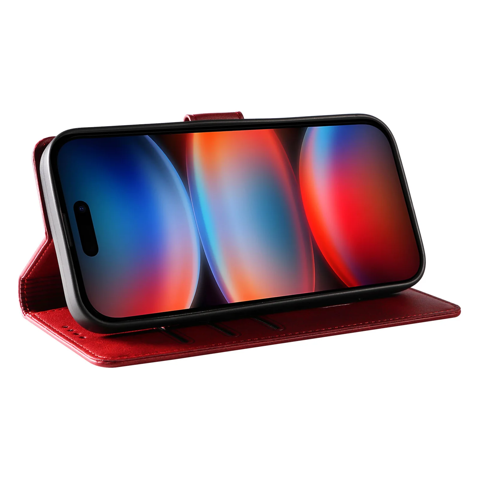 For iPhone 17 Pro Max Case with 2Pcs Tempered Glass WANLONFENG WN Series Calf Texture Leather Phone Cover Big Cutouts - Red - Image 4