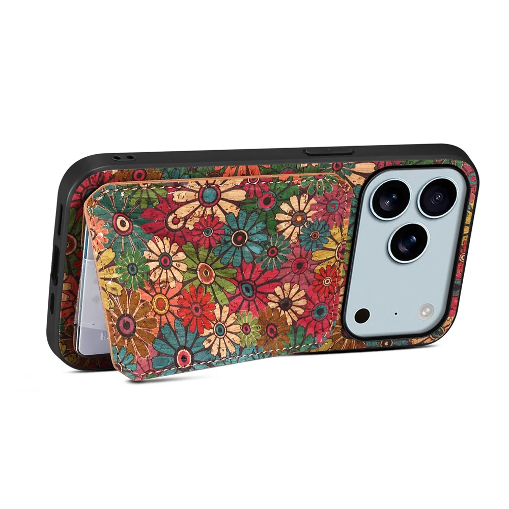 For iPhone 17 Pro Max Case with Card Holder Kickstand Flowers Design Leather Phone Cover - Spring / Green - Image 3