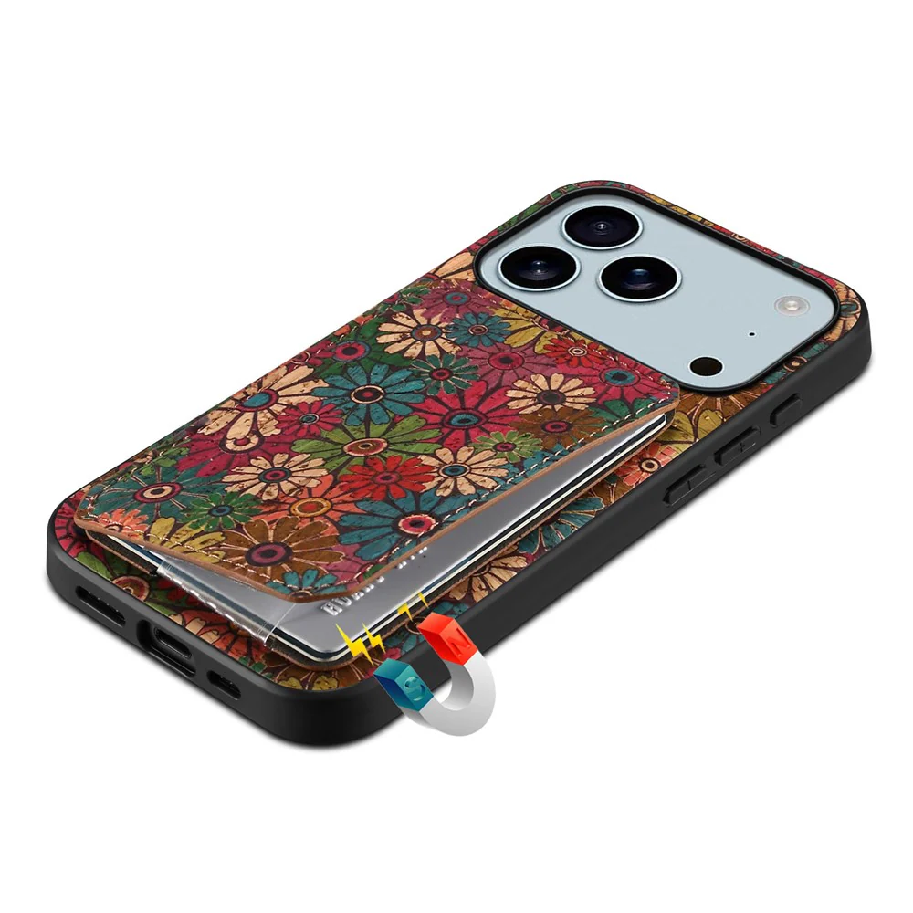 For iPhone 17 Pro Max Case with Card Holder Kickstand Flowers Design Leather Phone Cover - Spring / Green - Image 4