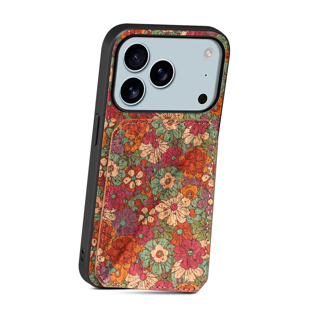 For iPhone 17 Pro Max Case with Card Holder Kickstand Flowers Design Leather Phone Cover - Summer / Red - Image 2
