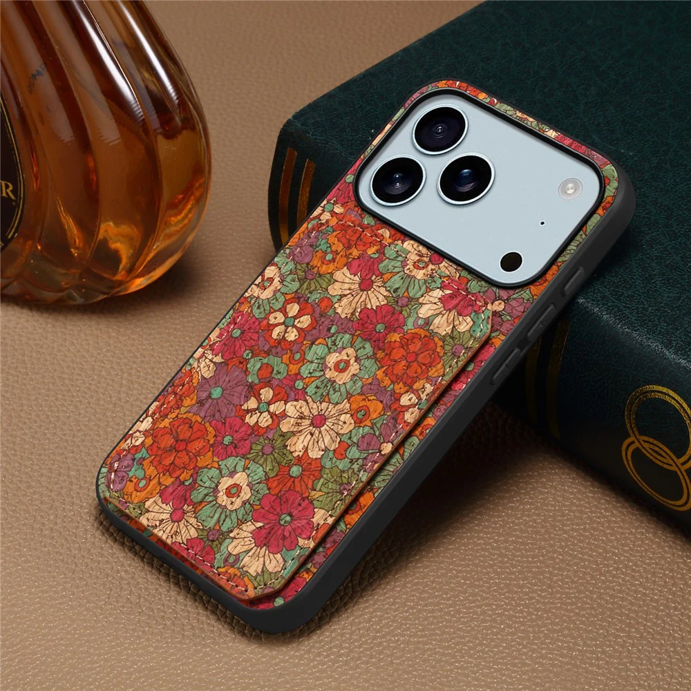 For iPhone 17 Pro Max Case with Card Holder Kickstand Flowers Design Leather Phone Cover - Summer / Red - Image 5