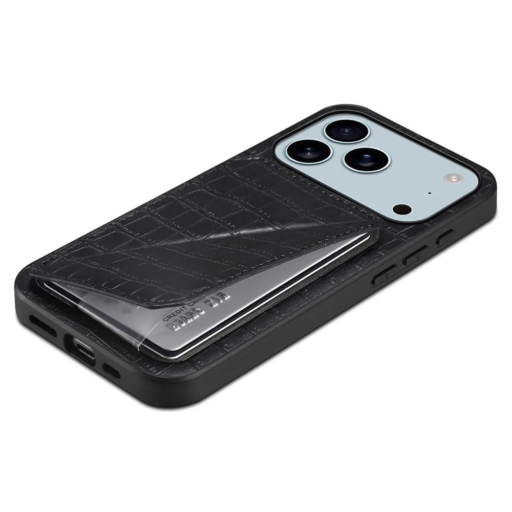 For iPhone 17 Pro Max Case with Card Holder Leather + PC + TPU Crocodile Textured Back Cover - Black - Image 4