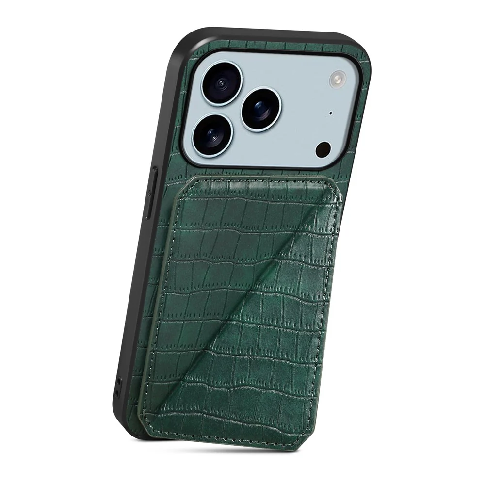 For iPhone 17 Pro Max Case with Card Holder Leather + PC + TPU Crocodile Textured Back Cover - Green - Image 2