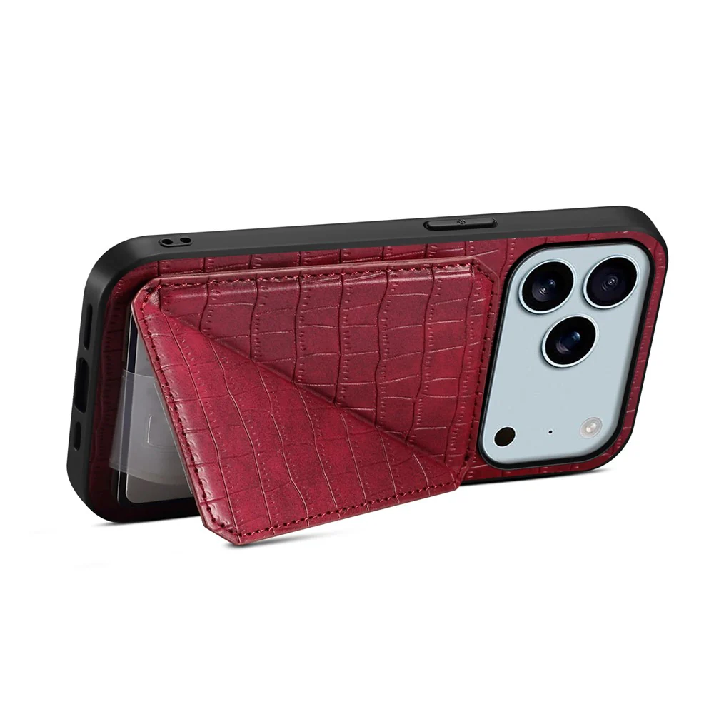 For iPhone 17 Pro Max Case with Card Holder Leather + PC + TPU Crocodile Textured Back Cover - Rose - Image 3