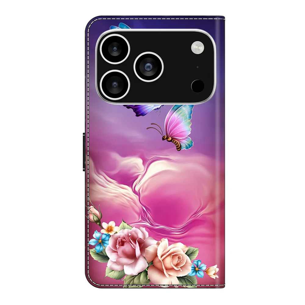 For iPhone 17 Pro Max Case with Card Slot Pattern Printed TPU + PU Leather Flip Phone Cover - Butterfly Flower - Image 5