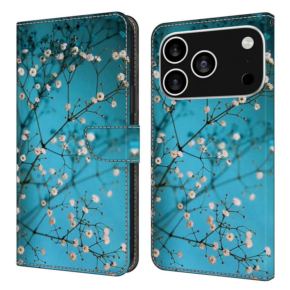 For iPhone 17 Pro Max Case with Card Slot Pattern Printed TPU + PU Leather Flip Phone Cover - Flower Branch