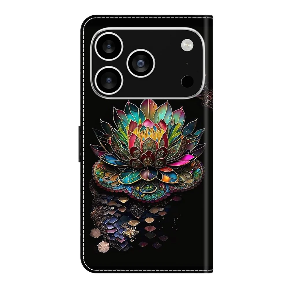 For iPhone 17 Pro Max Case with Card Slot Pattern Printed TPU + PU Leather Flip Phone Cover - Lotus - Image 6