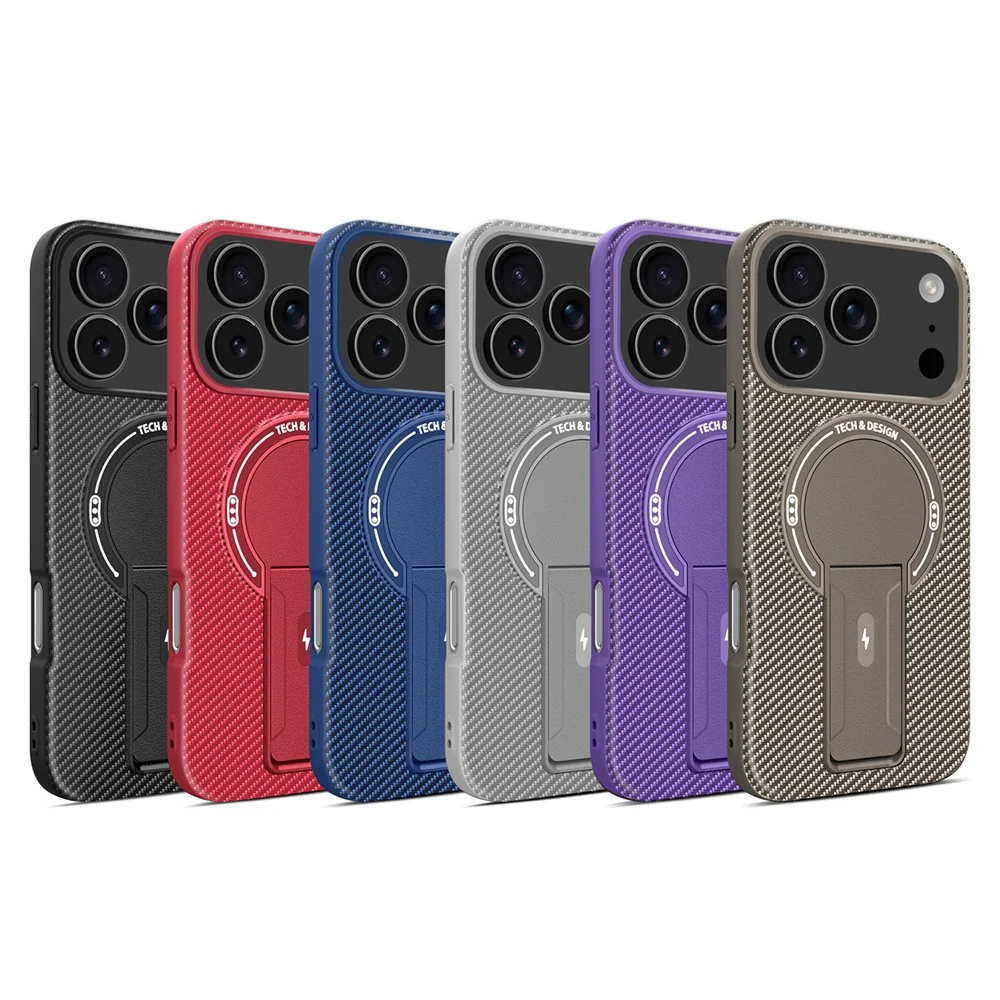 For iPhone 17 Pro Max Case with Kickstand Carbon Fiber Texture PC + TPU Phone Cover - Blue - Image 8