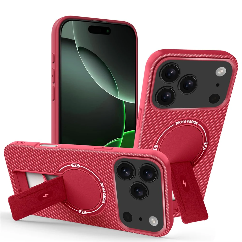 For iPhone 17 Pro Max Case with Kickstand Carbon Fiber Texture PC + TPU Phone Cover - Red