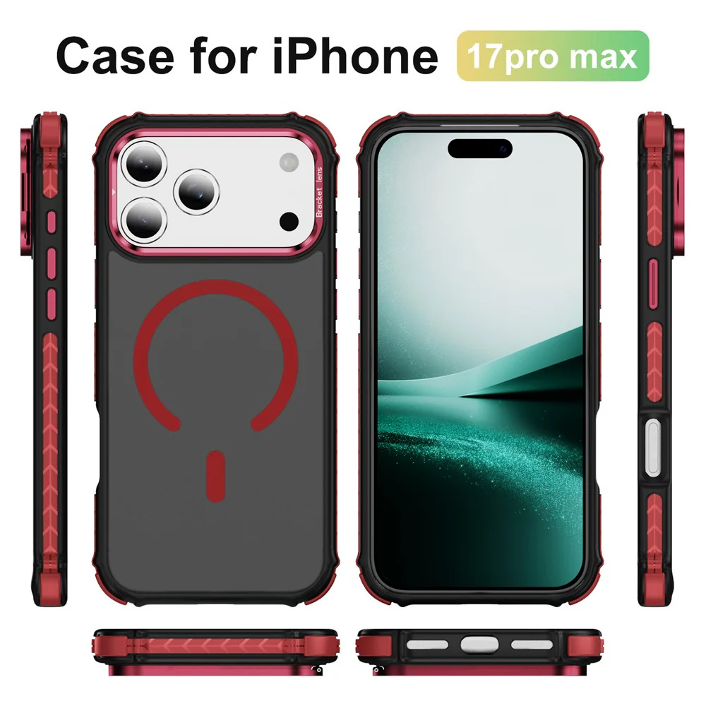 For iPhone 17 Pro Max Case with Lens Kickstand Matte Phone Back Cover Compatible with MagSafe - Red - Image 2