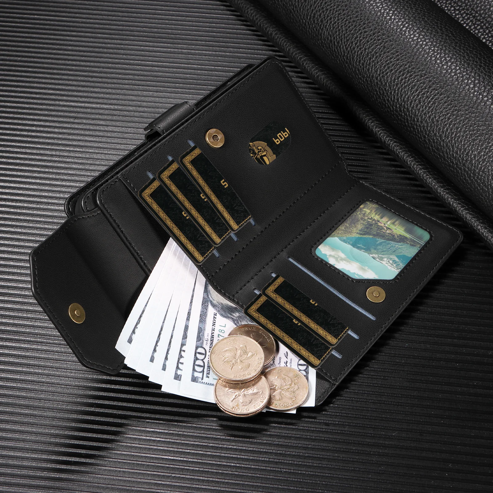 For iPhone 17 Pro Max Case with Multi-Card Holder and Strap PU Leather Phone Cover Stand - Black - Image 4