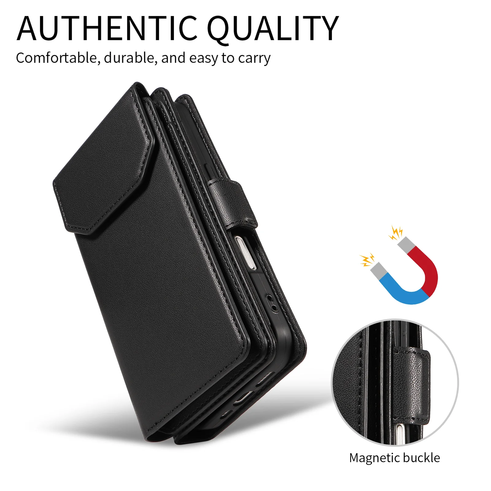 For iPhone 17 Pro Max Case with Multi-Card Holder and Strap PU Leather Phone Cover Stand - Black - Image 5