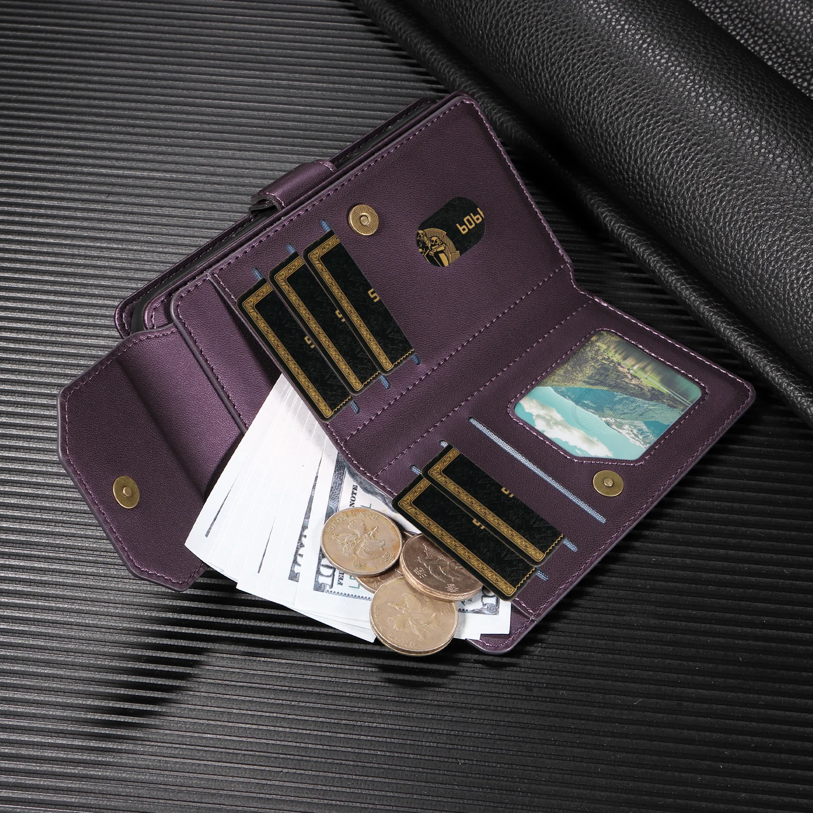 For iPhone 17 Pro Max Case with Multi-Card Holder and Strap PU Leather Phone Cover Stand - Purple - Image 4